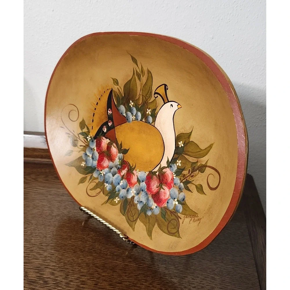 Vintage Handpainted Wooden Partridge Dove Folk Art Tray Bowl Wall Hanging Signed